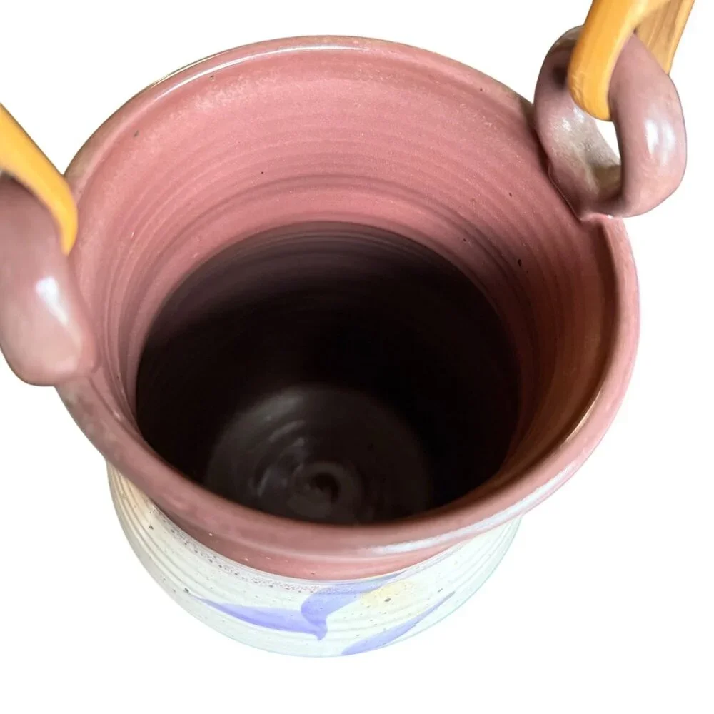 Handmade Studio Pottery Vase w/‎ Bamboo Handle Purple Gray Green Vessel Abstract